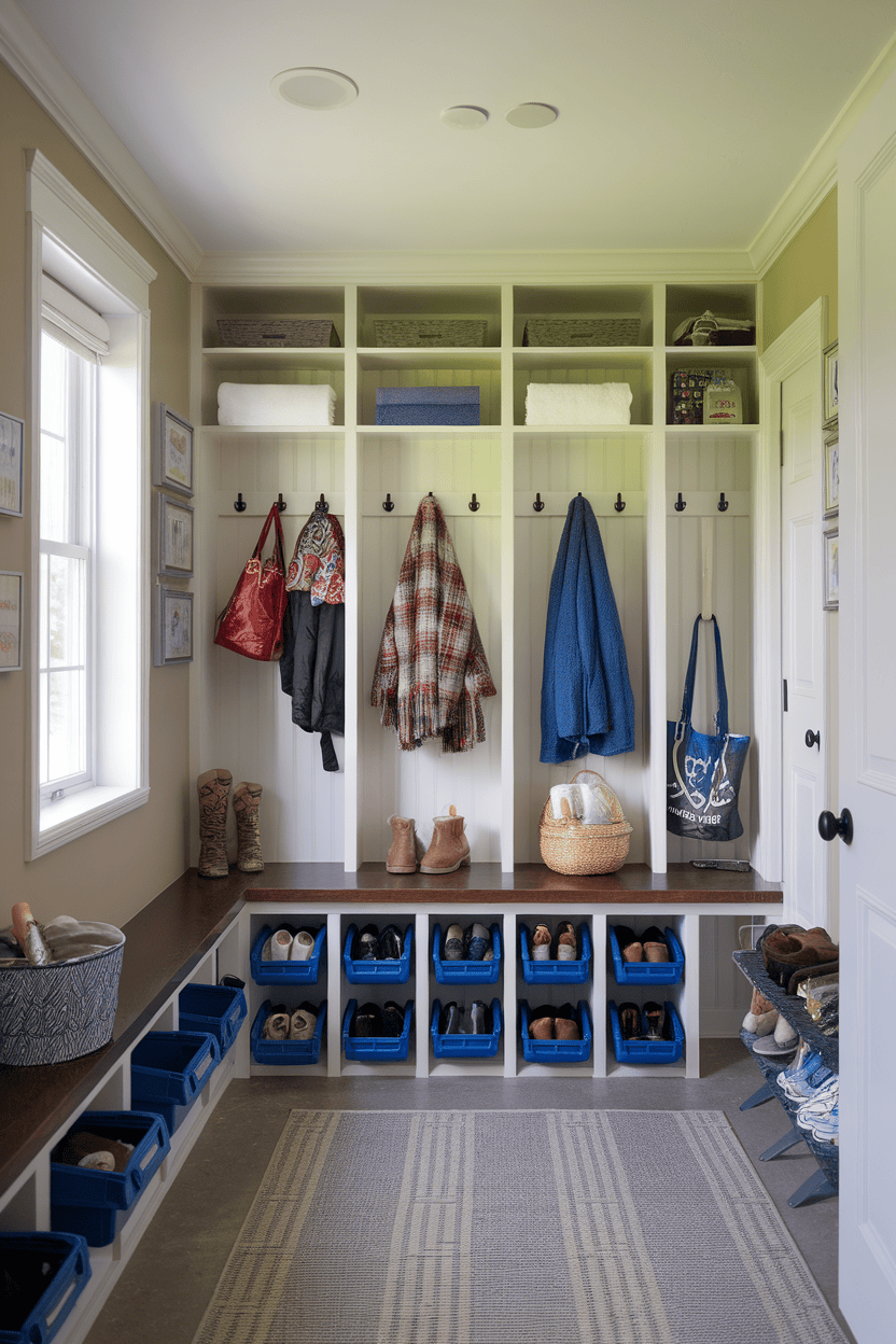 A well -organized entrance with shelves, warehouse containers and hooks for coats and bags.