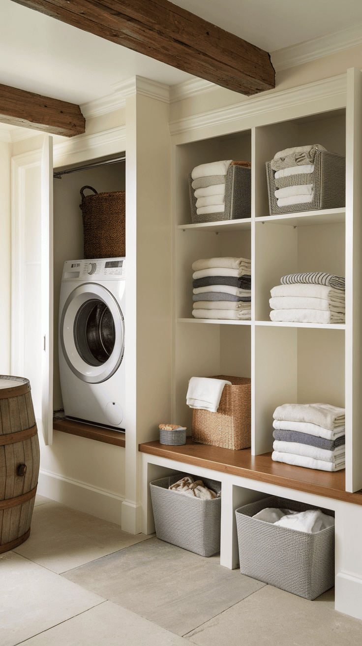 A properly organized washroom with a washing machine, shelves with folded towels and storage baskets.