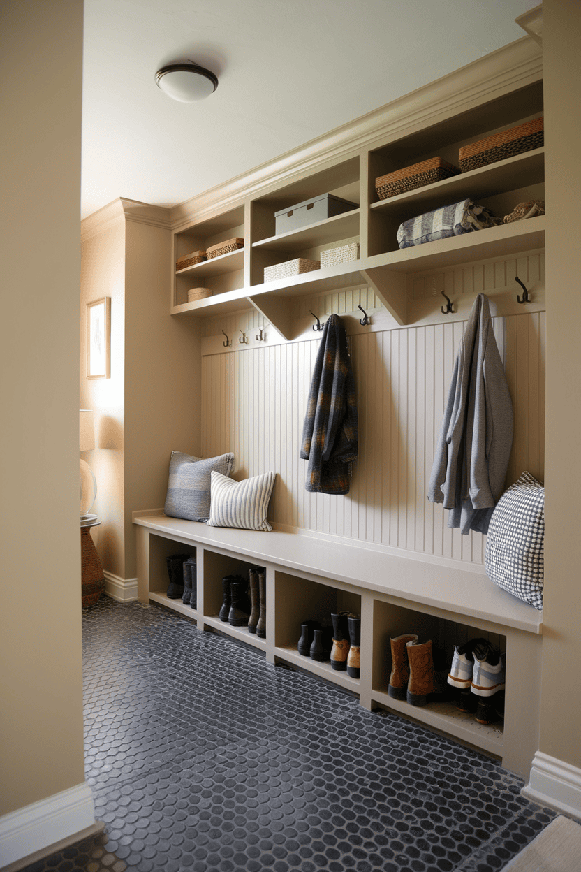 A well -organized mudroom with hooks for coats, shelves for baskets and a bank for shoes.