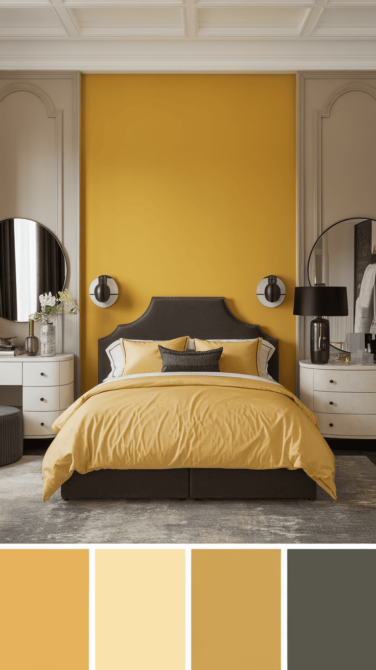 A cozy bedroom with a bright yellow statement wall with suitable bed linen and modern decor.