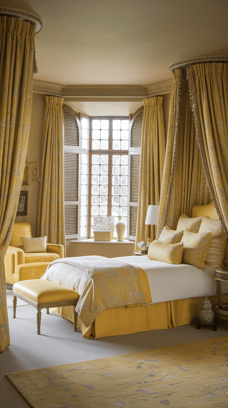 A cozy bedroom with yellow textiles, including curtains, bed linen and an accent chair.