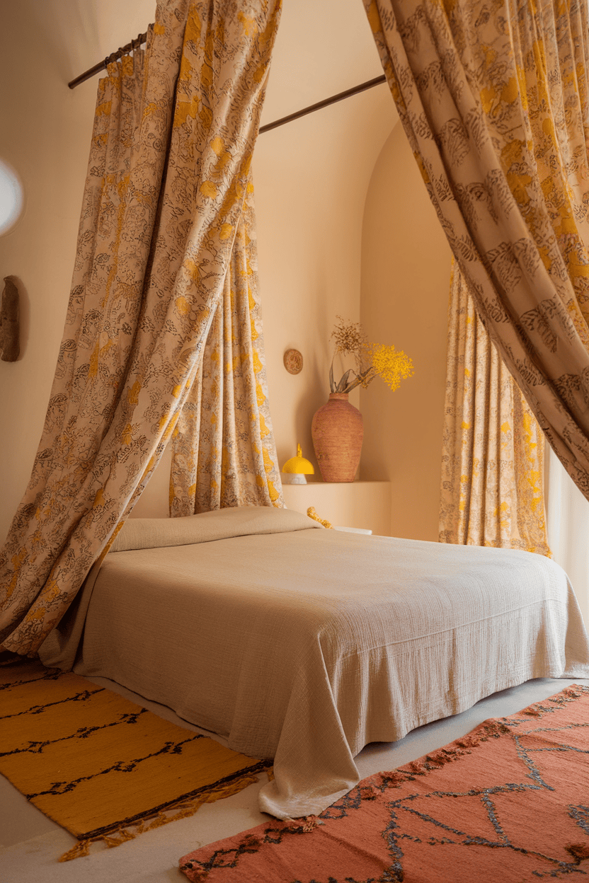 A room with yellow patterned curtains and terracotta carpets.