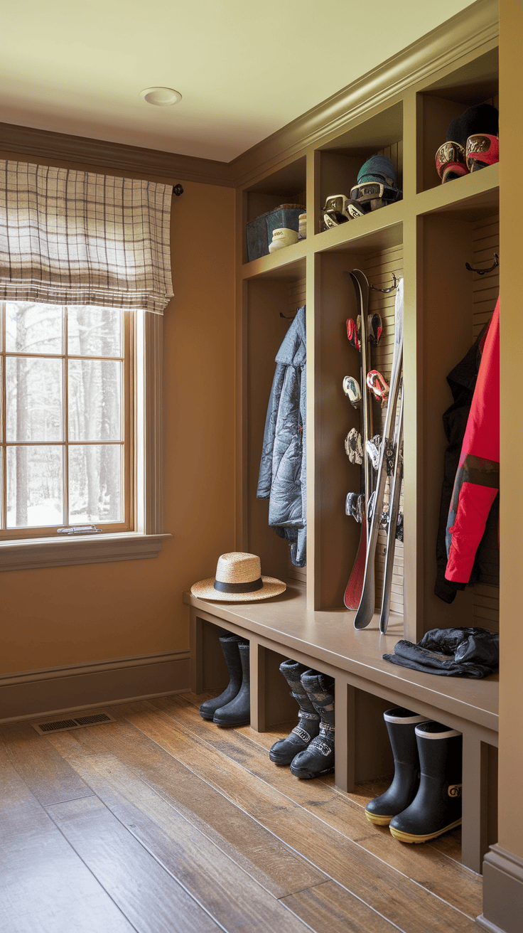 A stylish ski storage area with shelves for skis, jackets and boots that were developed for ski enthusiasts.