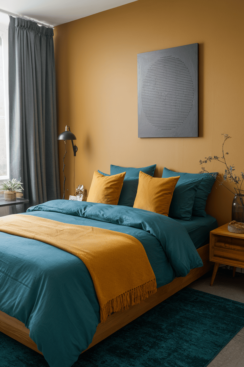 A cozy bedroom with blue -green bed linen and mustard throw pillows on a wooden bed.