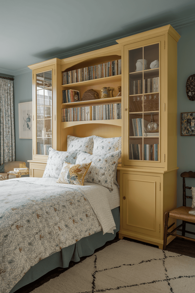 A cozy bedroom with yellow furniture, patterned bed linen and soft blue walls.