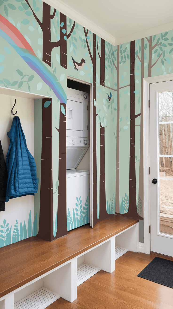 A stylish mountain picture in a washroom with trees and a pastel colors.