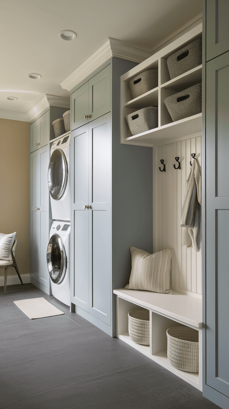 A laundry area with clever cabinet solutions with organized memory, a cozy seating hall and a well -prescribed work area.