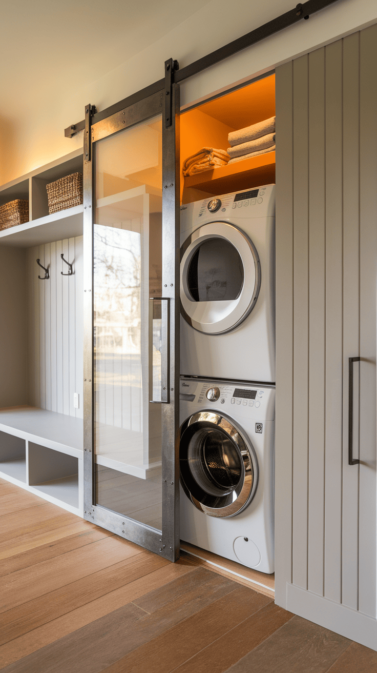 A stylish sliding door that hides a laundry area, combines functionality and design.