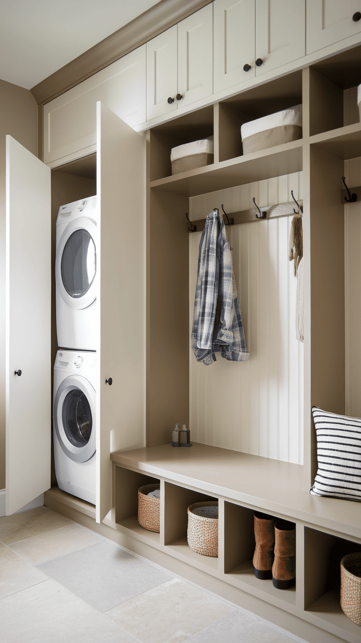 A multi-use furniture design with a laundry machine and a seating area with storage below.