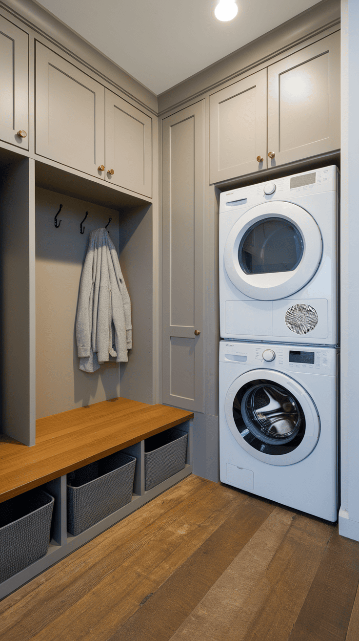 A compact laundry area with stackable washing and drying units with organized storage.