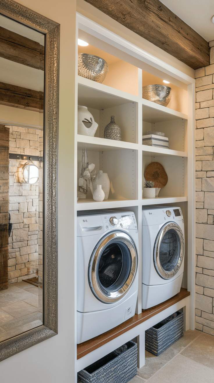 Washroom with modern shelves and decorative objects