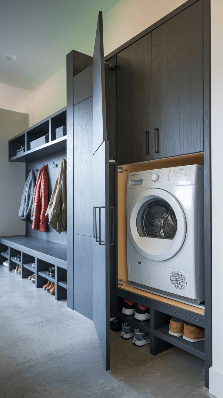 A stylish mutroom with a hidden dryer in a closet that shows organized storage and a clean design.