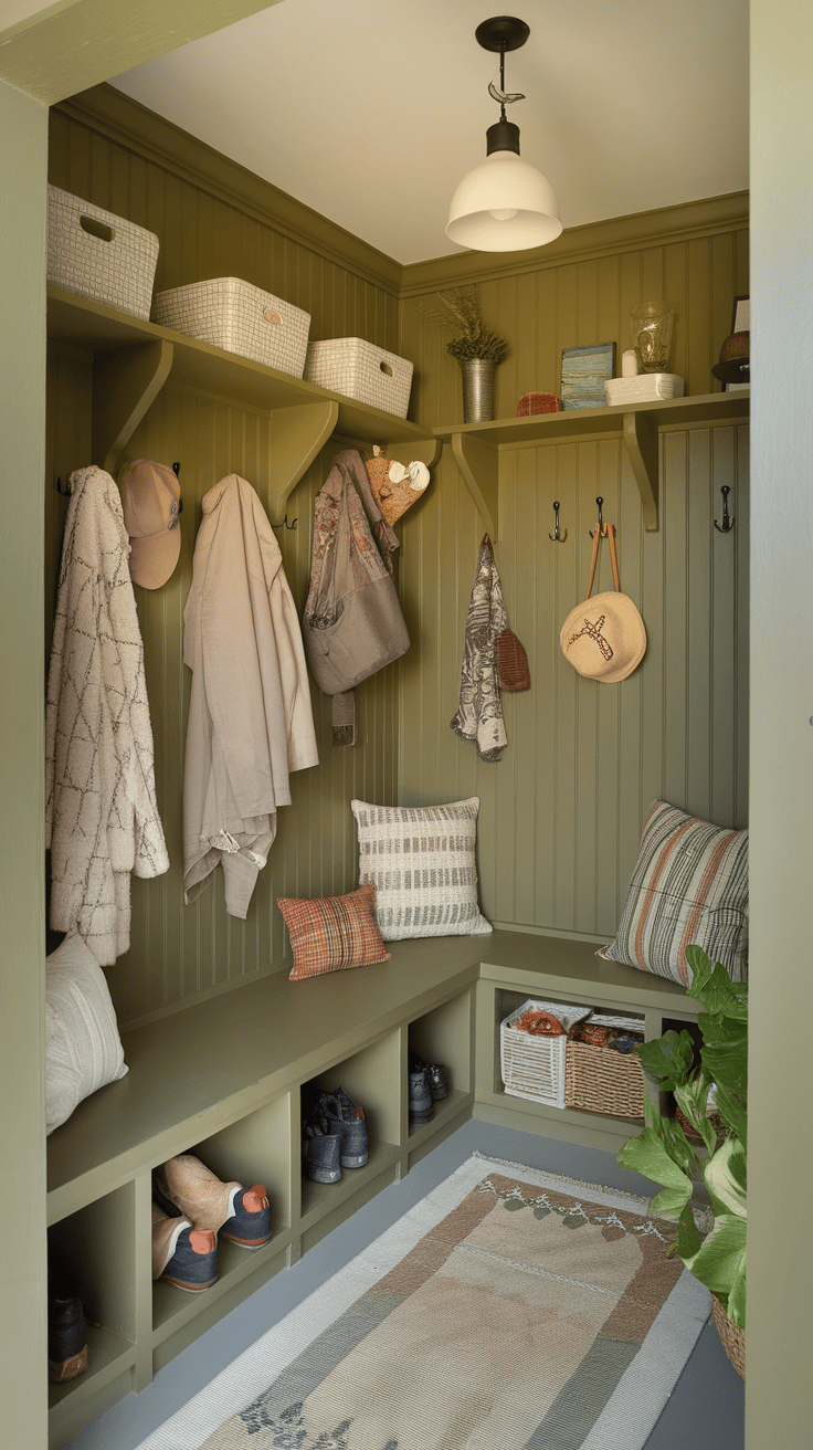 A cozy entrance with olive green walls with hooks for coats, shelves for storage and a bank with pillows.