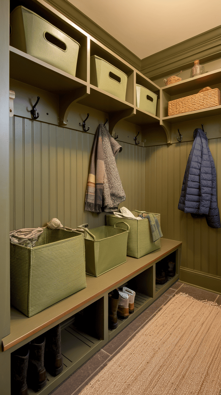 An entrance with green storage baskets, hooks for hanging objects and a cozy carpet.