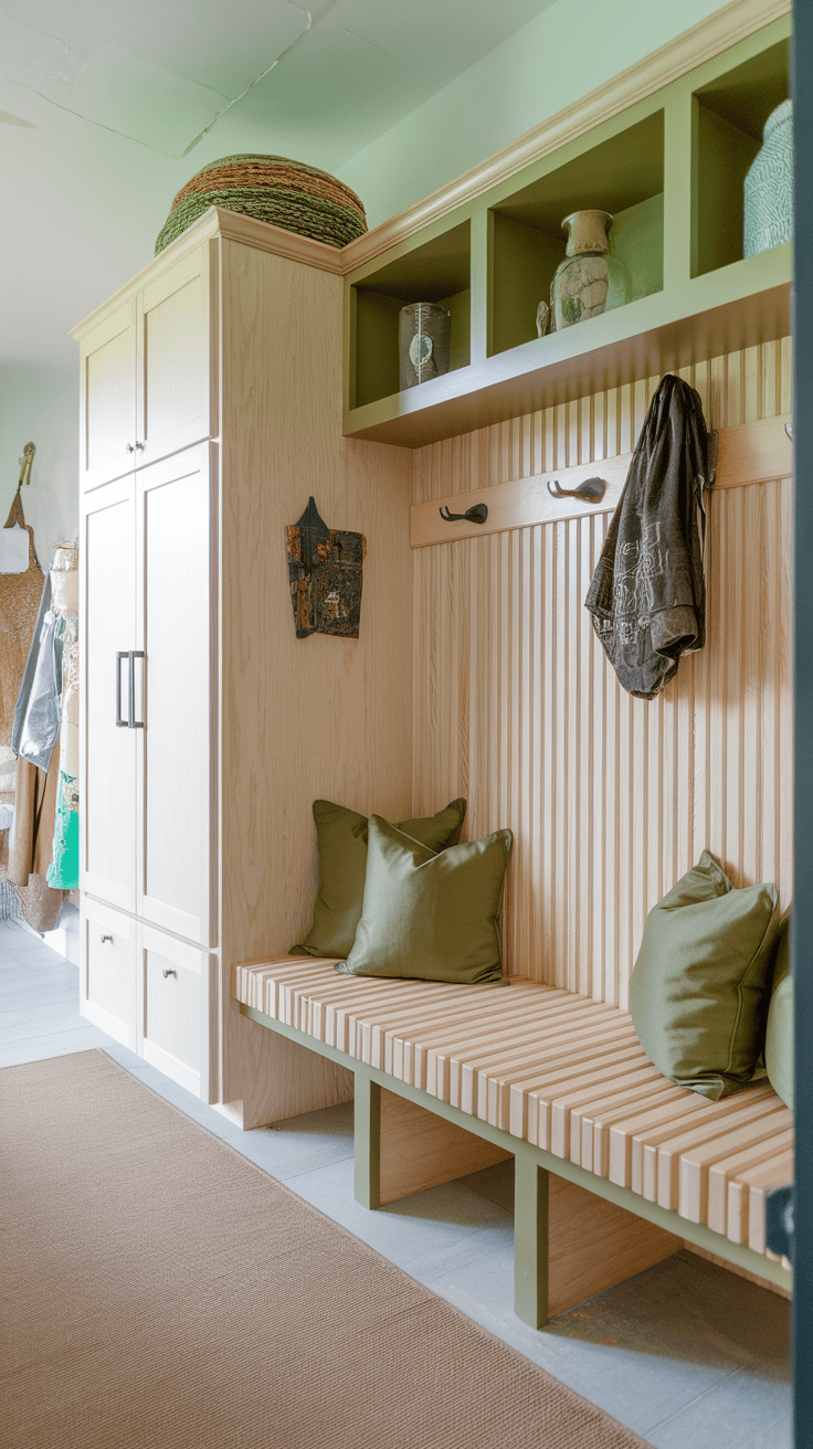 A cozy entrance with light wooden furniture, green pillows and decorative storage.