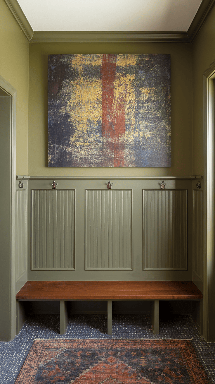 Inner field with olive walls, a wooden bench and works of art.