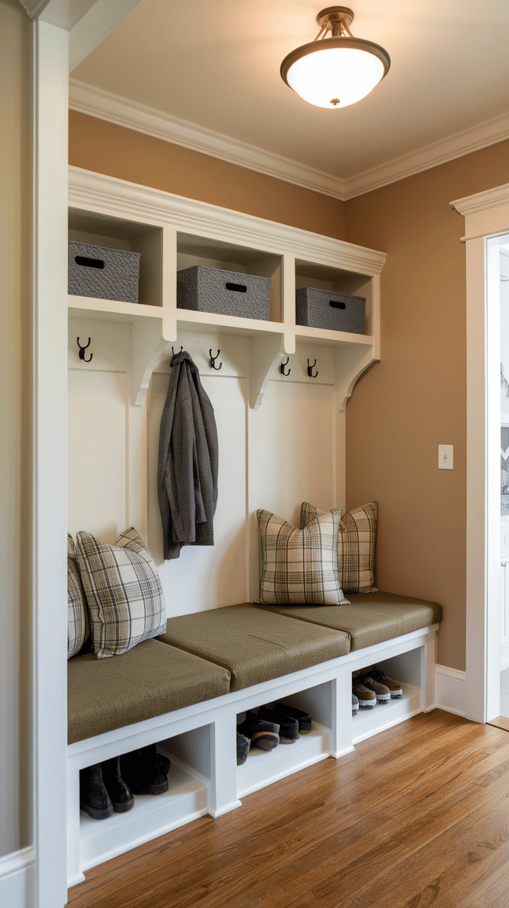 Cozy seating of the entrance bench with storage and pillow