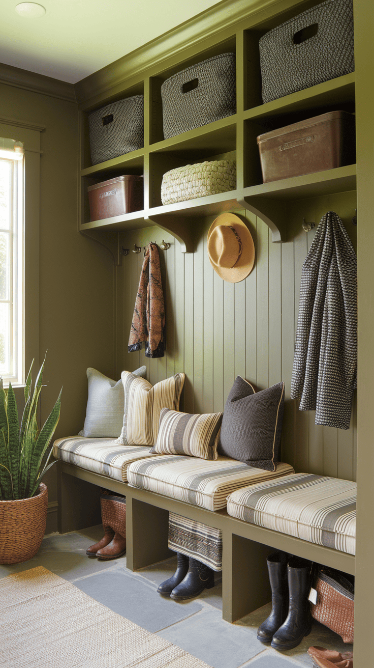 A mutroom with olive green accents, striped pillows and various decorative objects, including hats and plants.