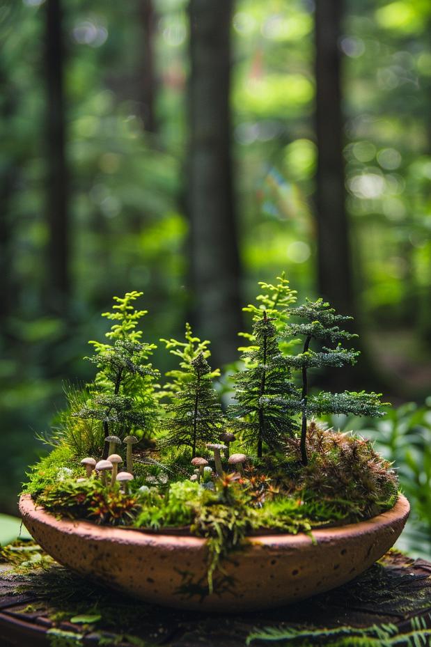 A miniature landscape with small trees and mushrooms in a flat clay shell that plays in a lush forest background.