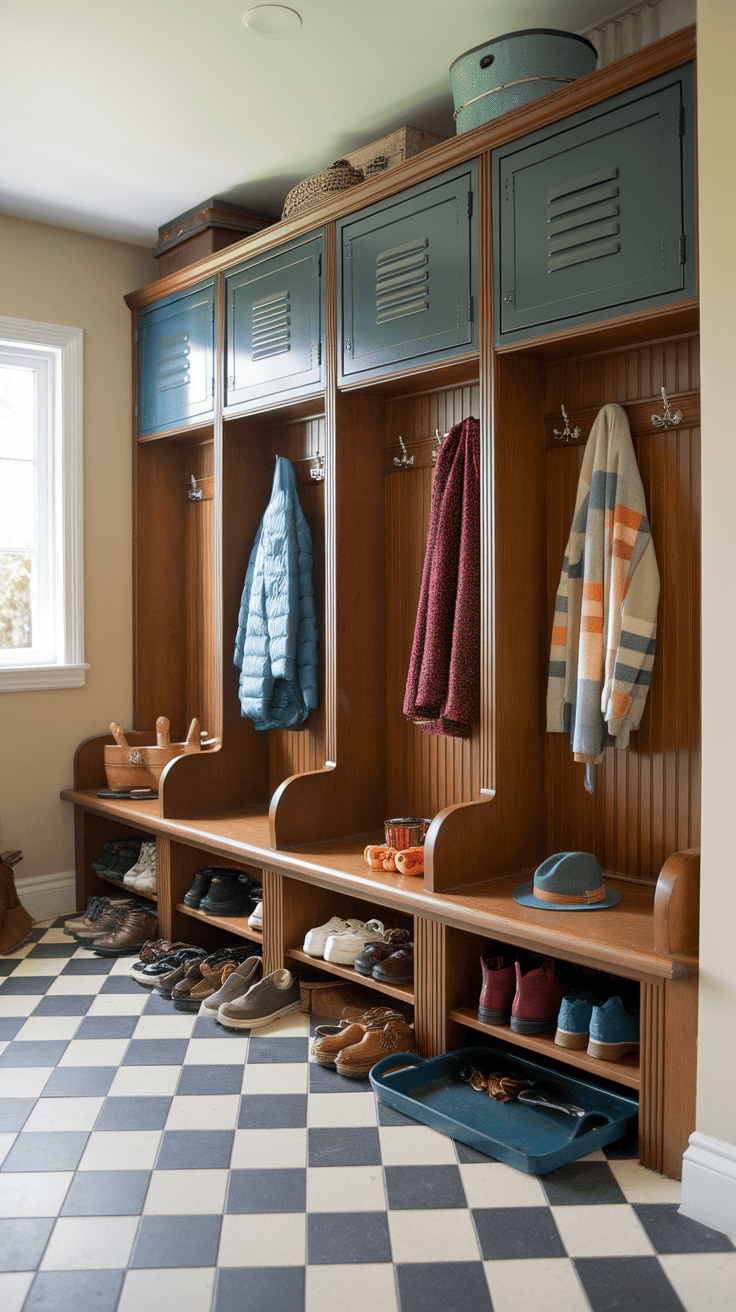 A vintage style storage area with hooks for coats and shelves for shoes.