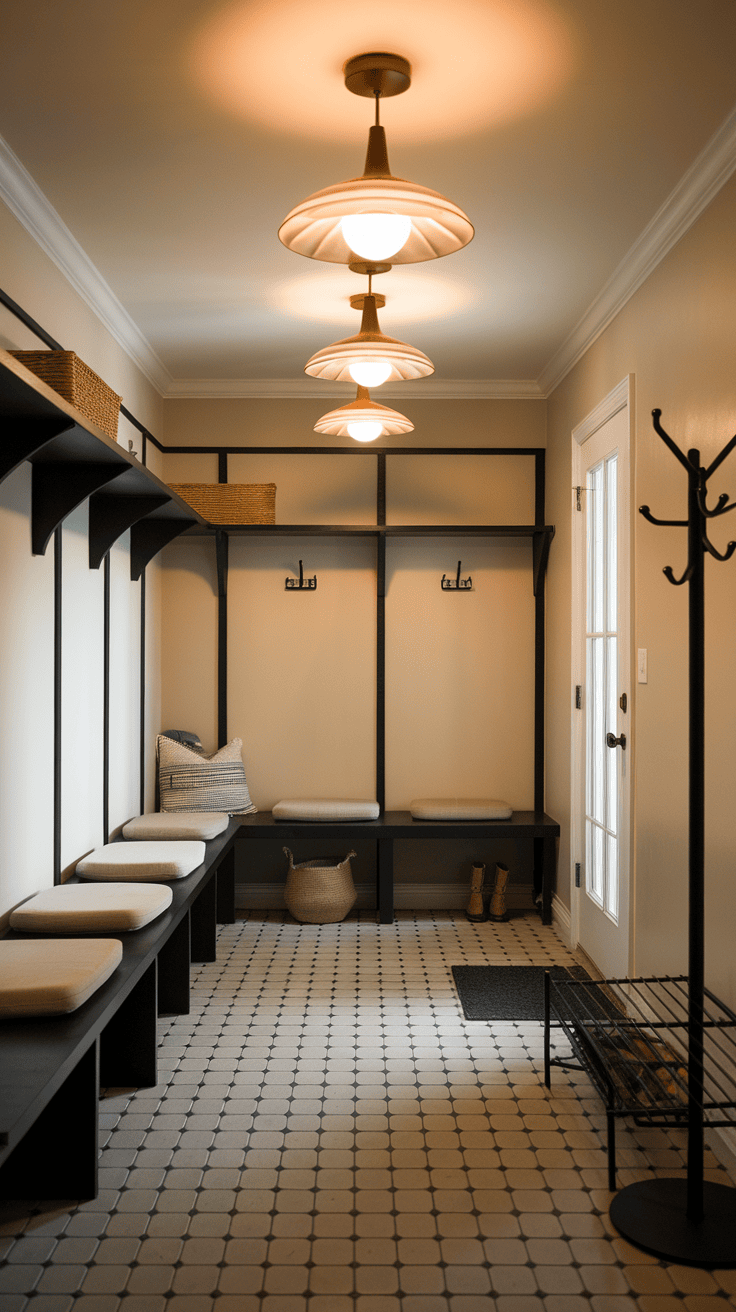 A cozy entrance with retro-inspired lighting bodies, wood paneling and warm decor.