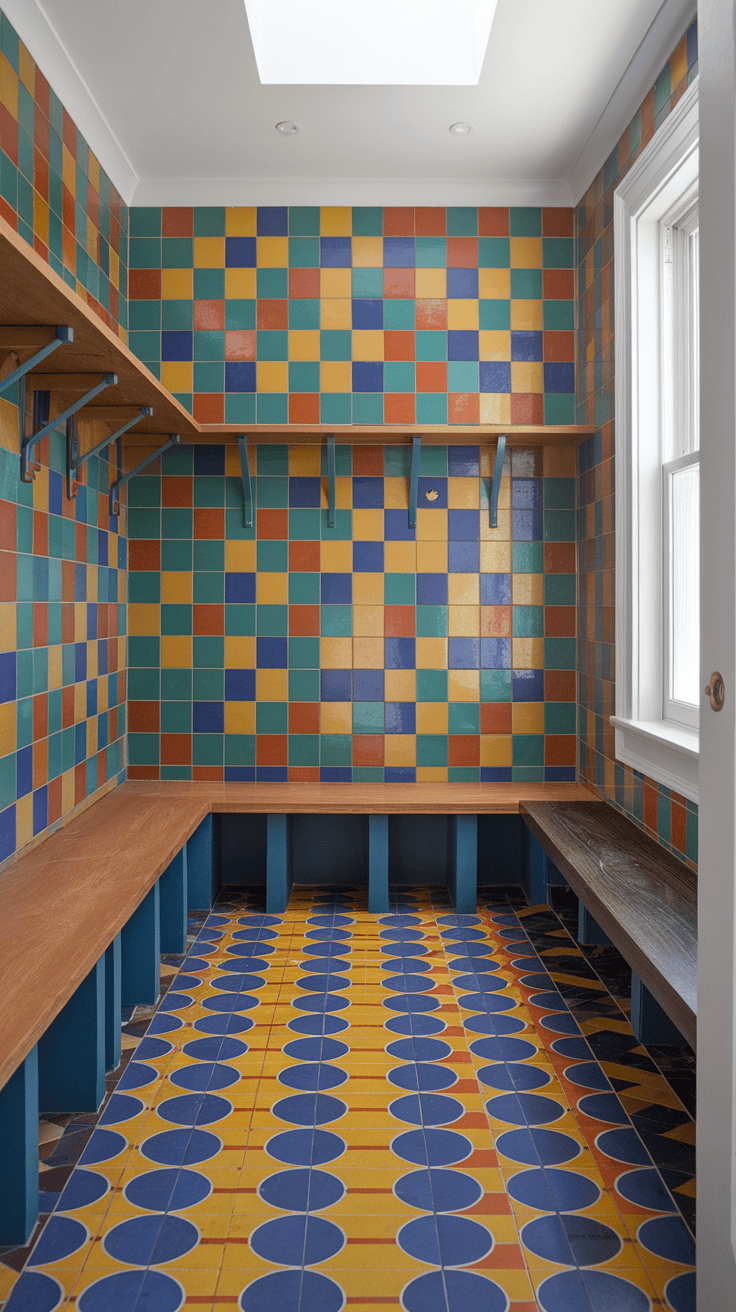 A colorful tiled entrance with blue and yellow chessboard patterns with a wooden door and a red chair.