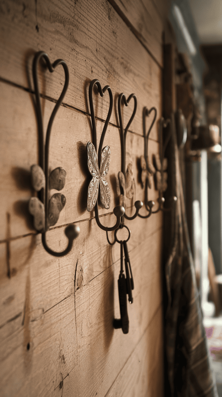 Charming hooks attached to a wooden wall.