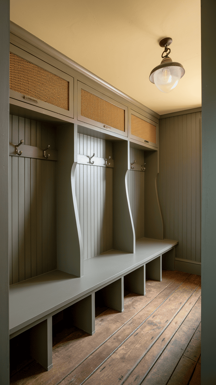 A hallway with functional wall panels with hooks and storage above.