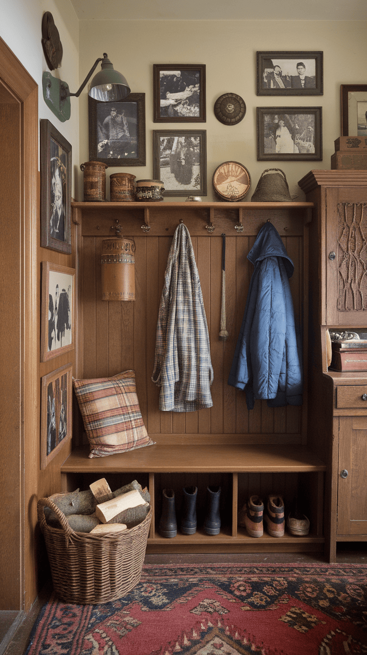 A cozy entrance with a wooden bench, hook with jackets, a basket with tree trunks and framed photos on the wall.