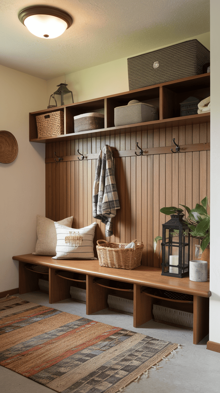 A cozy entrance with wooden benches, structured walls and woven baskets.