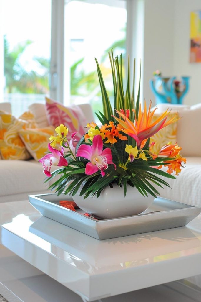 Lift your living room with an exotic bouquet with lively tropical flowers, which serves as a striking heart on a slim, <a href=