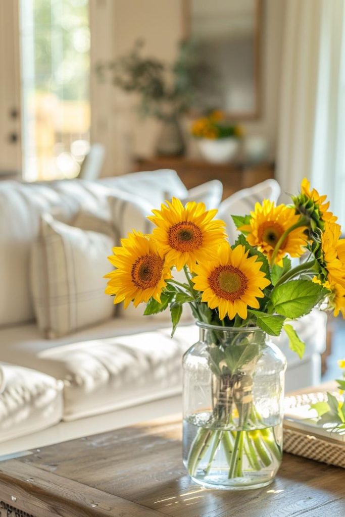 This lively representation of sunshine flowers gives your living space an energy boost and positivity and gives it with the joyful spirit of the season.