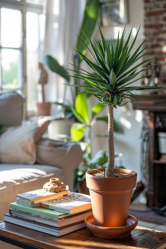 Include the essence of lush garden aesthetics with a small, green plant in a terracotta pot that sits next to a stack of books with botanical topics. 