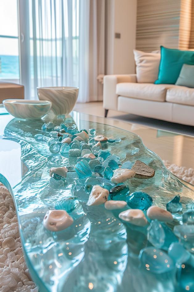 Start the fascinating beauty of the summer sea with turquoise and sea glass elements that are scattered over a glass surface and reflects the wavy waves of the ocean. 