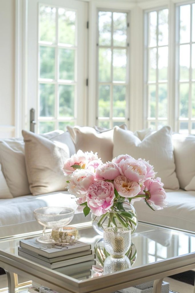 A bright living room with a white sofa, beige pillow, a glass of a glass table with a vase made of pink flowers, several books and decorative objects with large windows in the background.