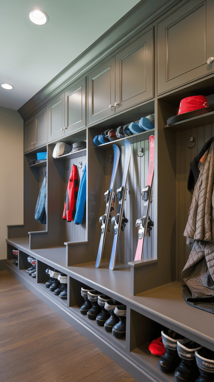 A mutroom with organized shelves for ski equipment and winter clothing.