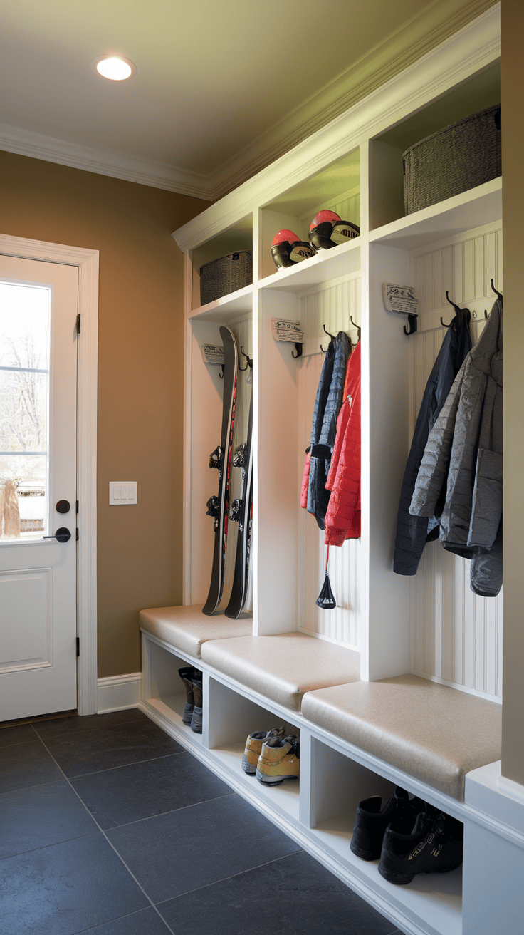 A well -organized entrance with vertical storage with shelves for hats and equipment, hooks for coats and a bank.