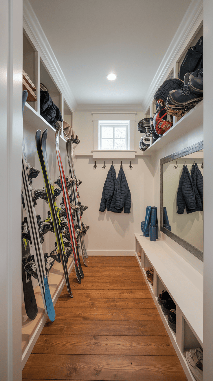 A well -organized memory area with ski equipment with skis, boots, jackets and a mirror.