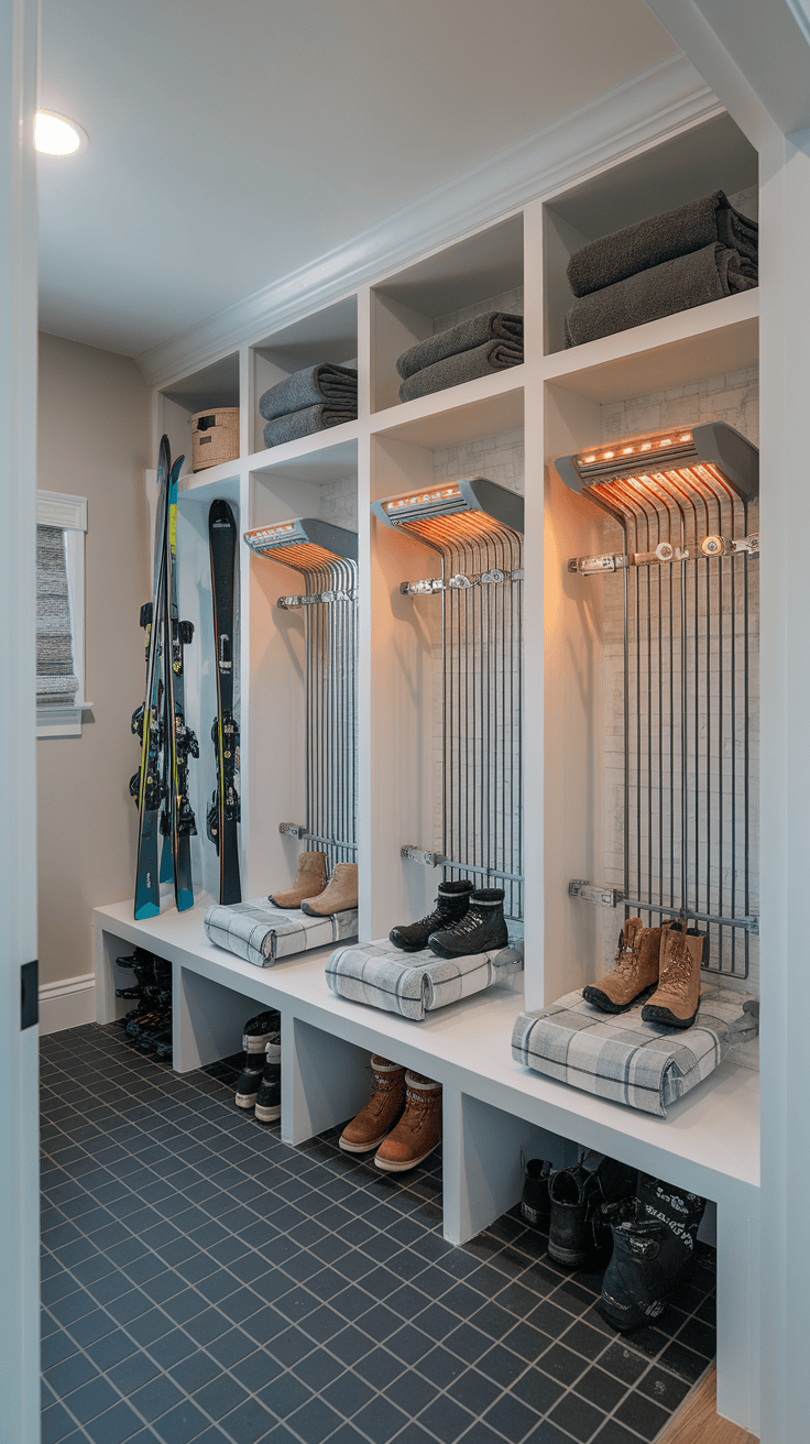 A modern boot drying area with heated racks and neatly organized shoes.