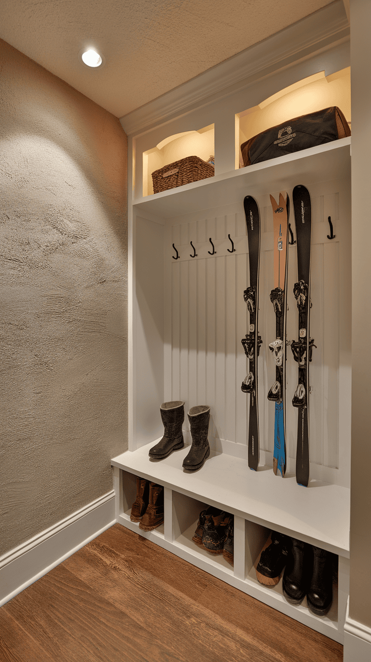 A well-organized mudroom with lighting AI equipment and boots.