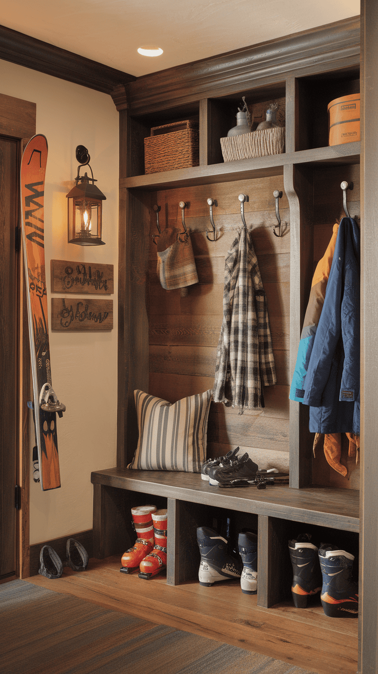 A cozy entrance to the ski lodge with storage for ski equipment.