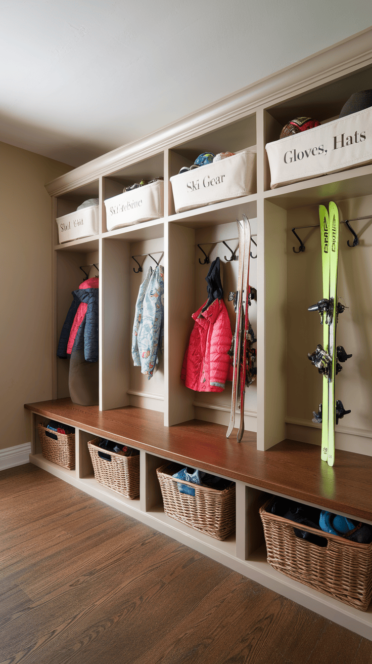 Organized ski area with baskets for equipment and jackets that hang on hooks