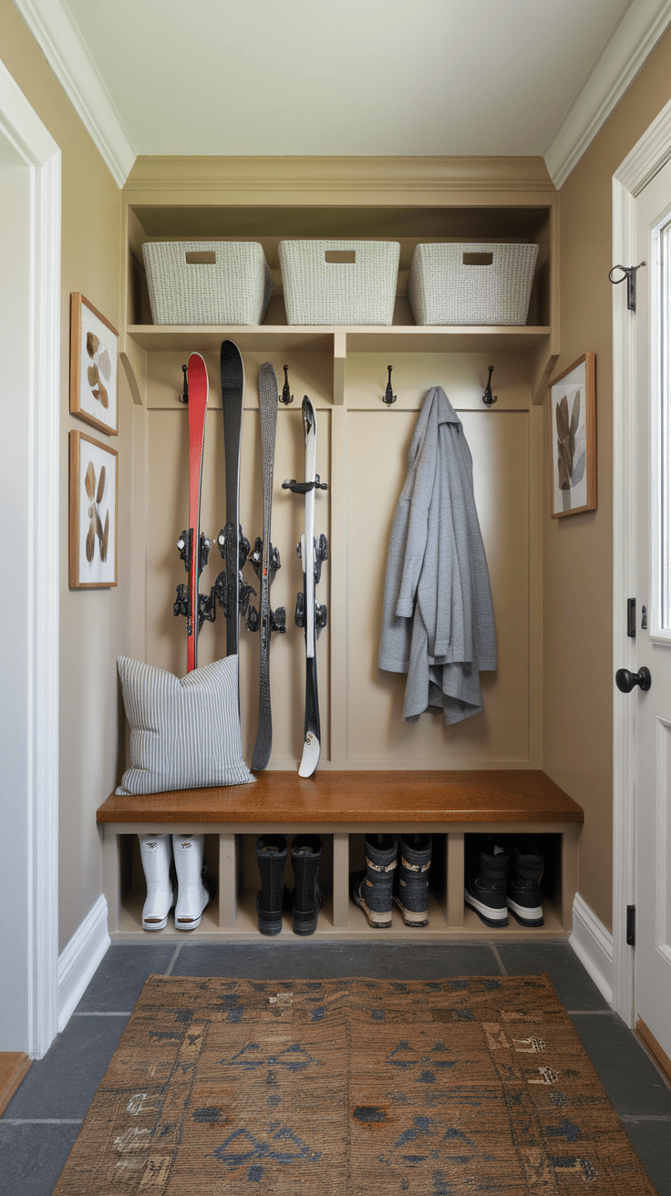 A well -organized small mud room with shelves, hooks and a bank for storage.