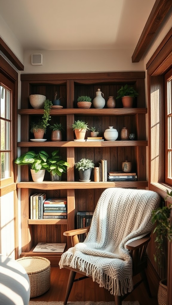 Rustic wood shelves for a cozy atmosphere