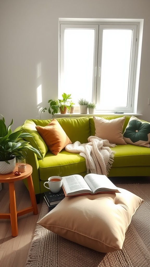 Cozy reading ceiling with a green couch