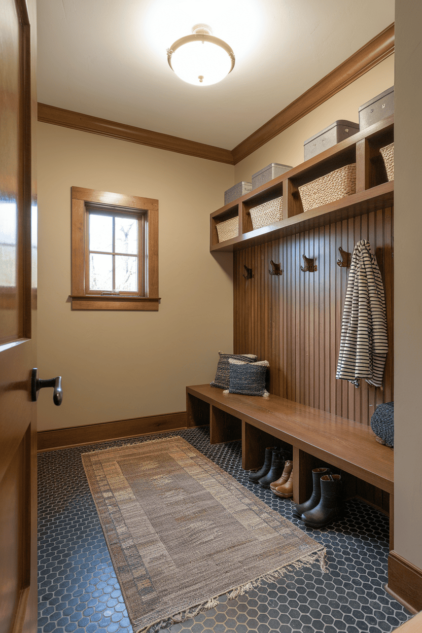 A stylish entrance with Penny Tile Flooring and wooden elements that shows a warm and inviting atmosphere.