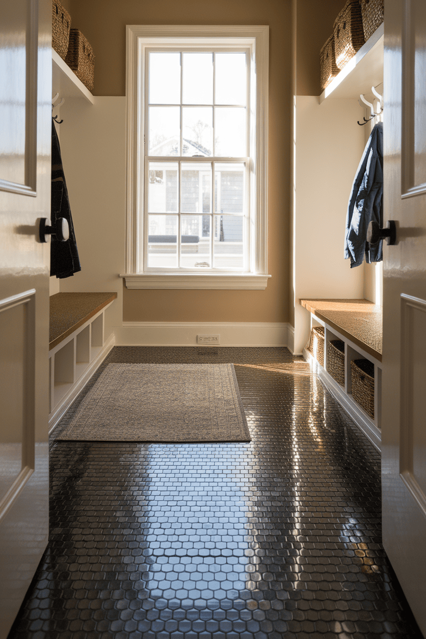 A bright and inviting entrance with a penny tile floor, natural light and stylish decor.