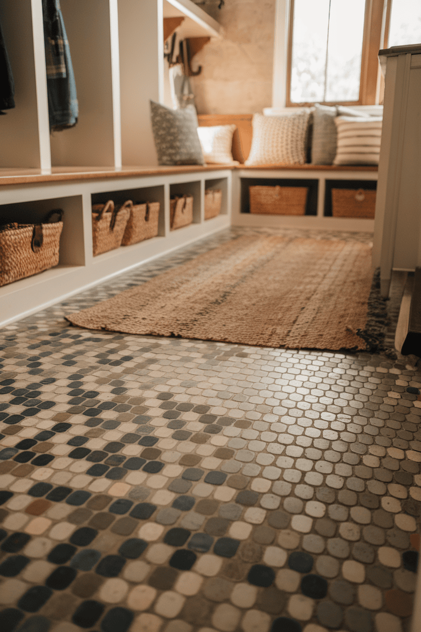 A close -up supervision of a Penny tile floor with different tile colors.