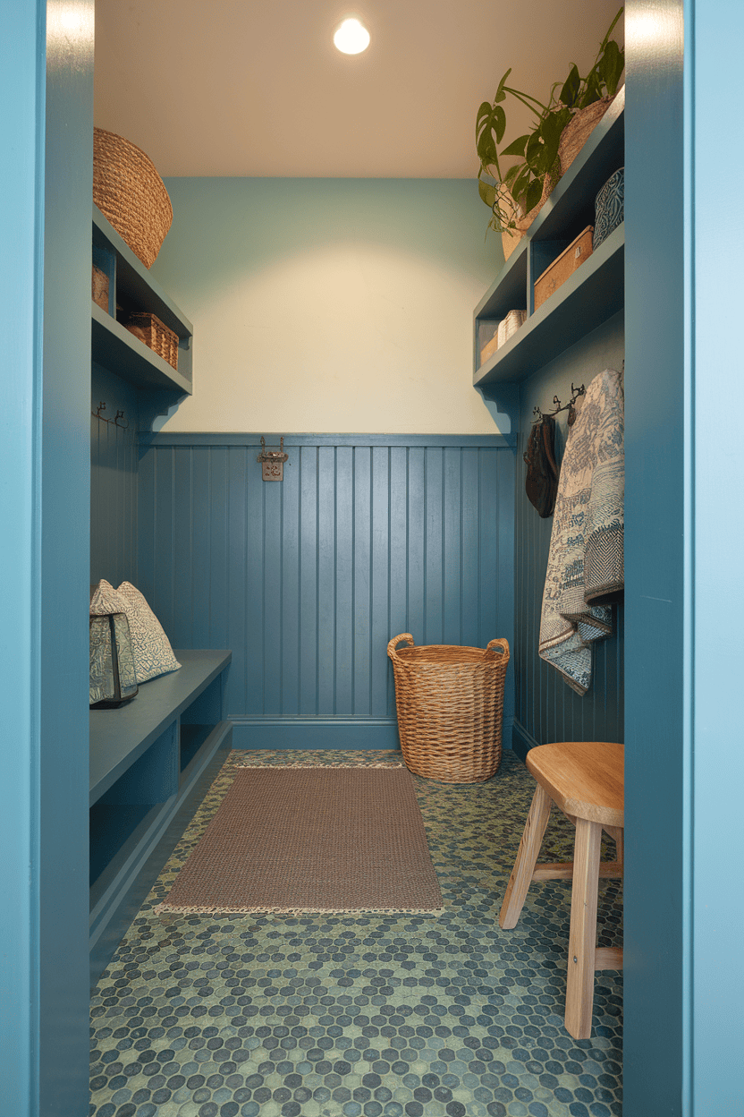 A cozy mutroom with Penny Tile Flooring with a green and black color scheme, supplemented by blue walls and wood accents.