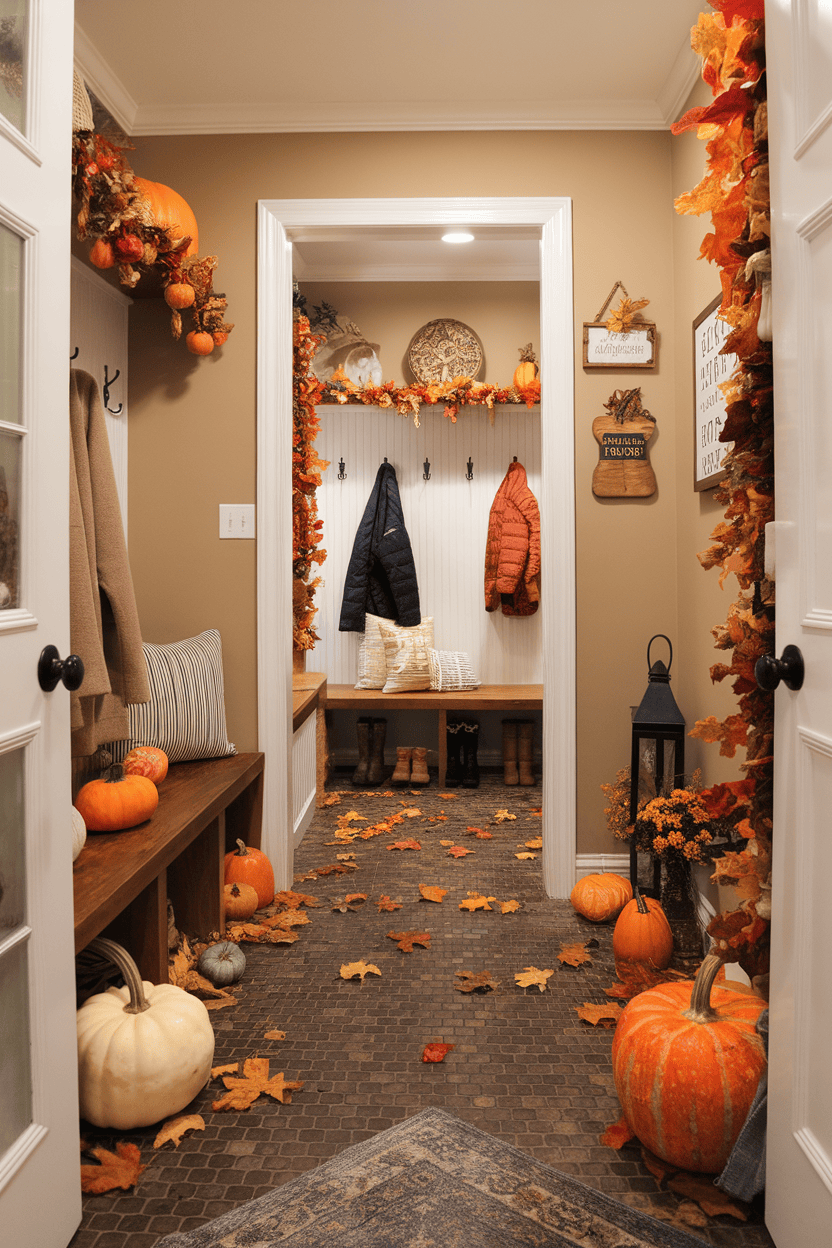 A beautifully furnished mud room with pumpkins, autumn leaves and seasonal decor.